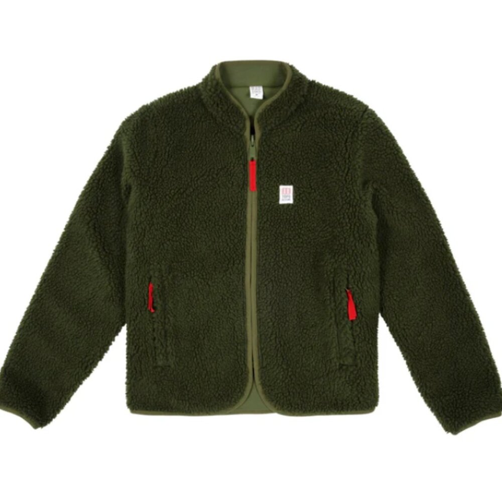 Topo Designs Olive Green Sherpa Fleece Bomber Jacket with Red Accents